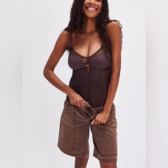 Free People Intimately Night After Night Mesh Sheer Striped Cut Out Bodysuit
